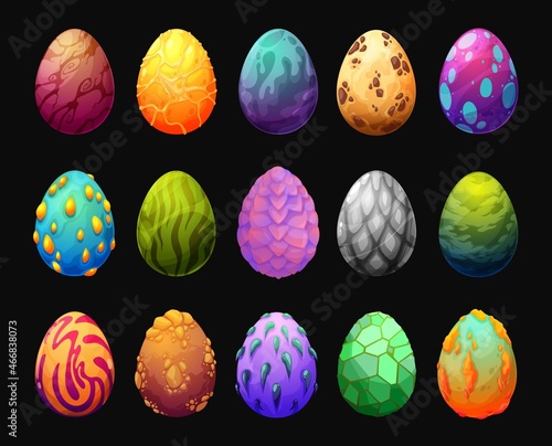 Cartoon dragon eggs game asset. Magic or mythological creature, fantastic dinosaur or reptile color eggs, game user interface element with thorns, spikes, metal and glass scales, gold, hot lava