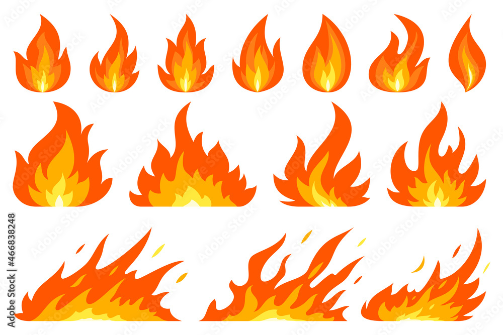 Fire bonfire ignition flame blaze red flat set. Collection sign danger ignition object forest fires liquid. Bright drawing cartoon poster instruction example orange flammable icon isolated on white Fire bonfire ignition flame blaze red flat set. Collection sign danger ignition object forest fires liquid. Bright drawing cartoon poster instruction example orange flammable icon isolated on white