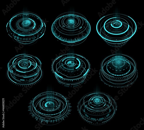 HUD cyberpunk futuristic circular virtual portals and teleport hologram, vector interface. HUD or cyber punk game time portals with light effects. Digital screen interface future Sci Fi technology