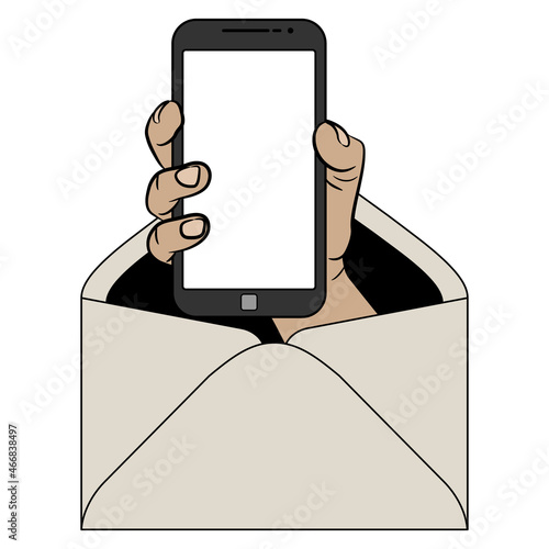 Human hand holding cellphone emerging from paper envelope. Creative concept. Cartoon style.