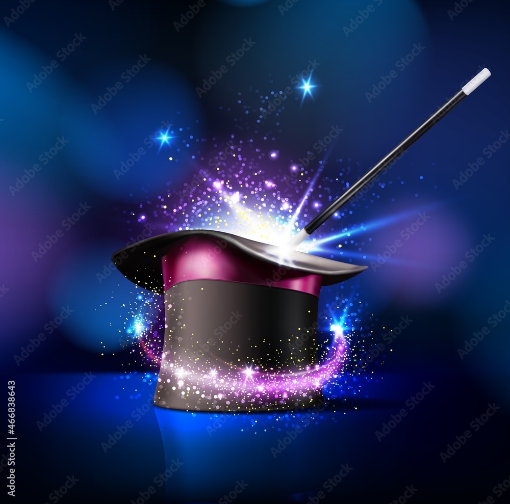 Circus magician top hat and magic wand trick with sparkling light, vector background. Circus show or funfair carnival poster with magician illusionist or wizard cylinder cap and wand with magic shine - obrazy, fototapety, plakaty 