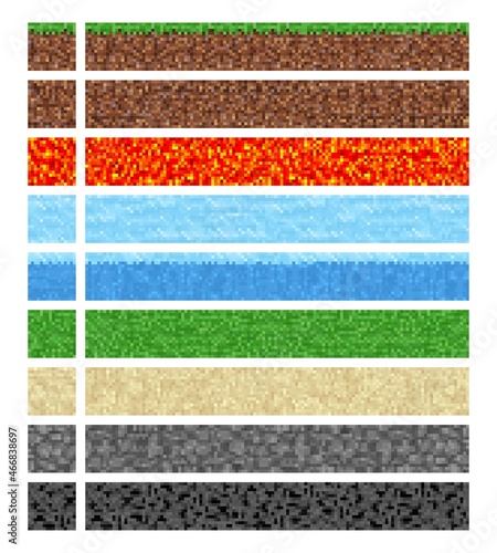 Game cubic pixel textures. Water, ice and ground, stone, grass and sand, lava, coal and magma, granite blocks. Retro computer game level environment design elements asset, vector backgrounds set