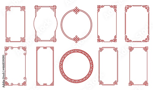 Asian red knot Chinese, Japanese, Korean frames and borders, vector set. Chinese pattern ornaments oriental frames, red knot decorations and geometric borders