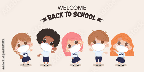 Student Back to school during virus outbreak in new normal. Children wearing a face mask to protection. Cute children cartoon character.