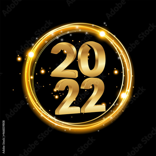 Happy 2022 new year golden number with bright sparkles. Festive premium design template for greeting card, calendar, banner. glowing lights circle on black background. Vector illustration
