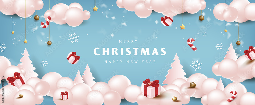 Merry Christmas and happy new year poster banner with winter festive decoration  - obrazy, fototapety, plakaty 
