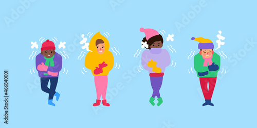freezing and shivering  kids boy  and girls in winter cold weather vector illustration