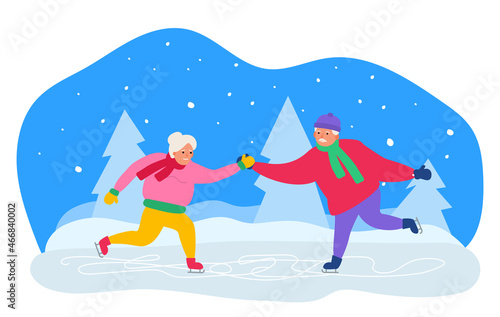 happy senior couple skating on ice rink winter holidays vector illustration