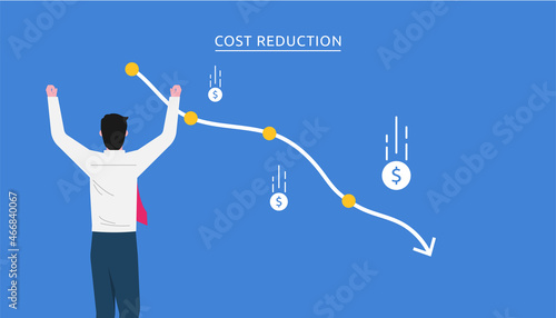 Costs reduction, costs cut, costs optimization business concept. Businessman views graph with descending curve and coins falls symbol.