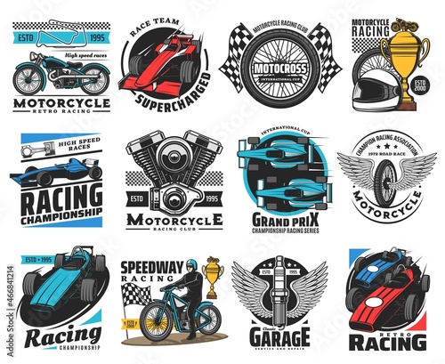Auto, car and motor racing sport vector icons with motorcycle, open wheel car, kart isolated symbols. Motocross, rally, automobile racing vehicles with race flag, trophy cups, racer helmet and engine