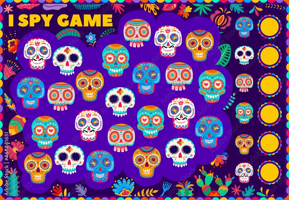 I spy kids game with mexican sugar calavera skulls, Day of Dead Dia de ...