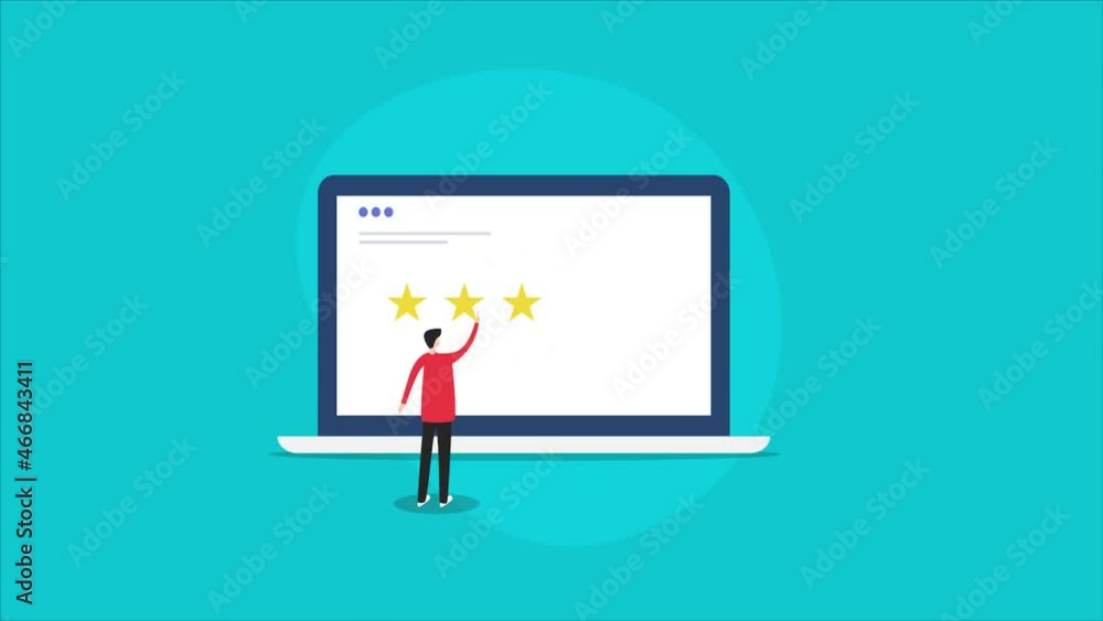 Happy customer giving five star rating online with laptop. Customer survey and experience. Customer rating, company reputation and success. 2d animation 4k video clip. Happy customer giving five star rating online with laptop. Customer survey and experience. Customer rating, company reputation and success. 2d animation 4k video clip.