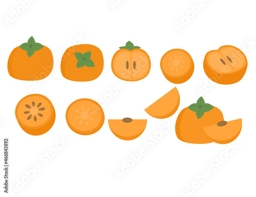Set of persimmon fruit.Orange kaki or date plum.Whole, slices and half cutted.Sign, symbol, icon or logo isolated.Flat design.Clipart.Fresh and juicy.Cartoon vector illustration.