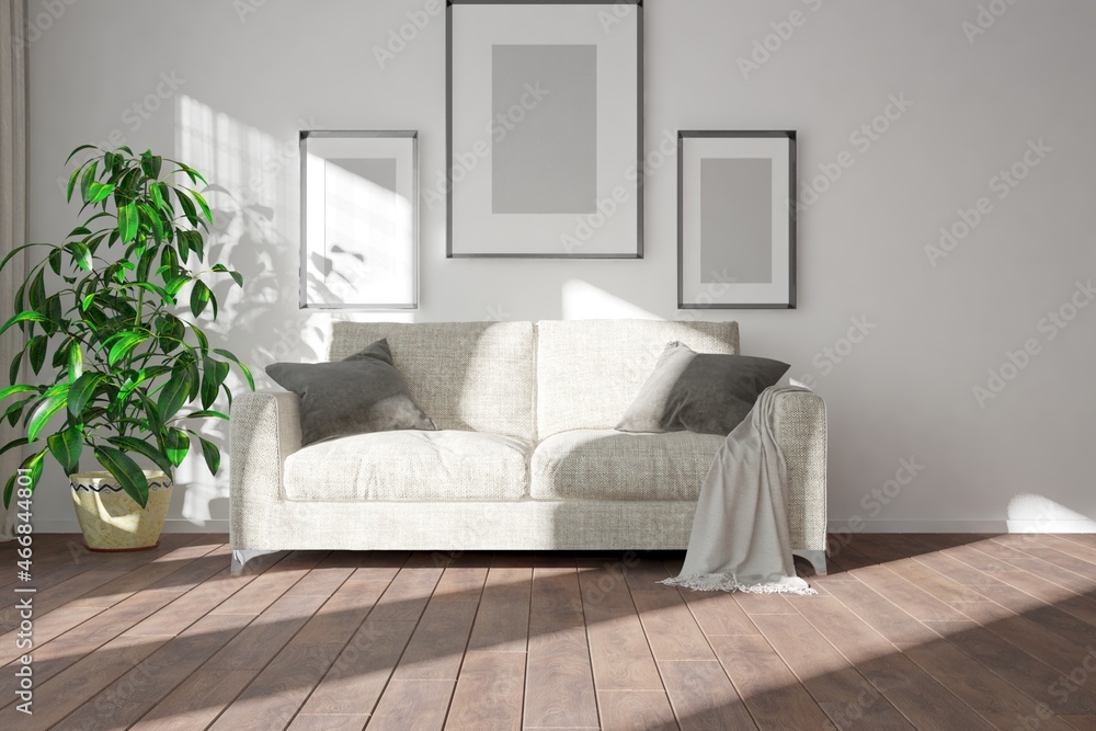 Fototapeta premium modern room with sofa,pillows,plaid,plant in pt and frames interior design. 3D illustration