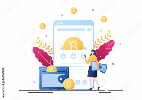 Cryptocurrency Wallet App on Mobile of Blockchain Technology, Bitcoin, Money Market, Altcoins or Finance Exchange with Credit Card in Flat Vector Illustration
