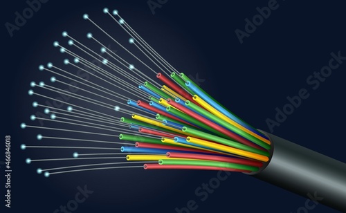 Abstract digital background. Optical digital communication cable. Vector illustration of a realistic optical cable with a stream of digital information on a dark background. A sketch for creativity.