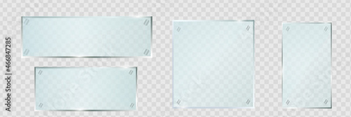 Glass plates set. Vector glass banners on transparent background.