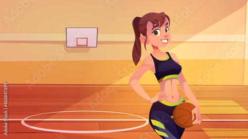 Girl basketball player posing on indoor court with ball in hand and arm akimbo. Fit sportswoman in high school or college gymnasium sports arena for team game with hoop, Cartoon vector illustration