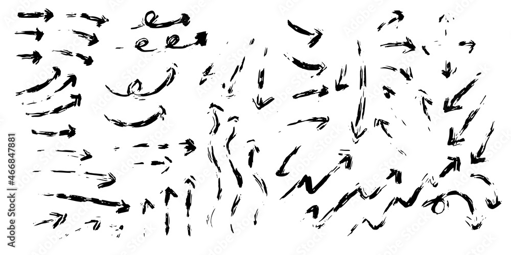 Hand drawn black arrows isolated on white background. Vector brush stroke illustration design element set in cartoon style. Hand drawn black arrows isolated on white background. Vector brush stroke illustration design element set in cartoon style.