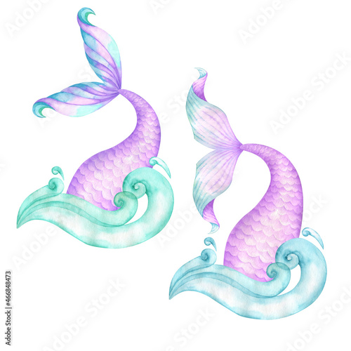 Watercolor mermaid tail in waves
