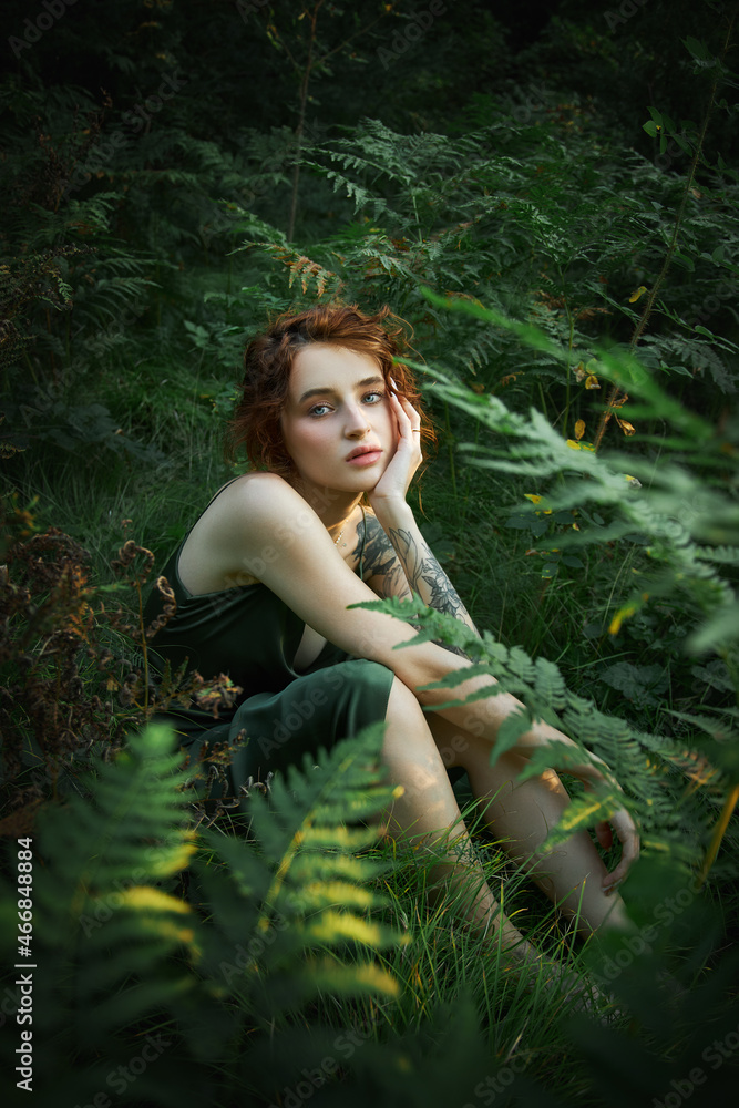 Romantic portrait of a woman in a fern in the forest. Art woman natural makeup resting in nature. Green fern thickets Romantic portrait of a woman in a fern in the forest. Art woman natural makeup resting in nature. Green fern thickets