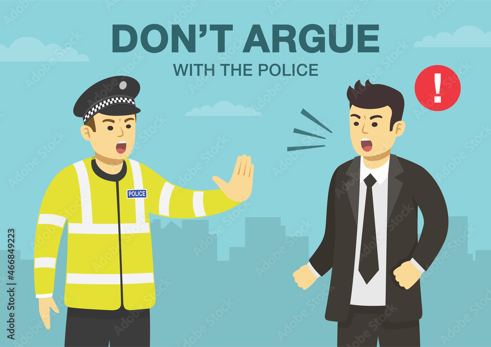 Police officer makes a stop gesture with his hand.Angry male character yelling and is about to fight with police.Don't argue with the police.Flat vector illustration template. Police officer makes a stop gesture with his hand.Angry male character yelling and is about to fight with police.Don't argue with the police.Flat vector illustration template.