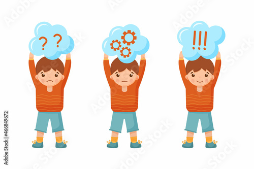 Child question. Thoughtful young boy ask question, confused kid and understand or found answer. Confuse kid contemplation thinking expression with intelligent face cartoon vector portrait illustration