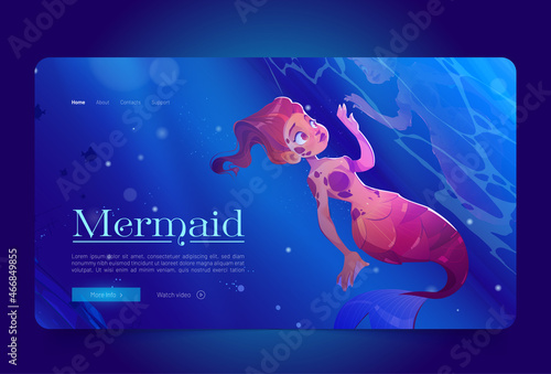 Cute mermaid at sea underwater cartoon landing page. Fairy tale character look and touch her reflection in water surface. Beautiful girl with red hair and fish tail swim in ocean, Vector web banner