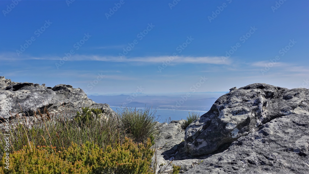 The top of Table Mountain in Cape Town. The Atlantic Ocean is visible through the gap between the gray boulders. Fynbos grows on rocks. Blue sky. A sunny summer day. South Africa