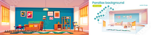 Parallax game background with modern living room interior with sofa, shelves and coffee table. 2d cartoon dwelling or hotel with furniture, home apartment design separated layers, Vector illustration