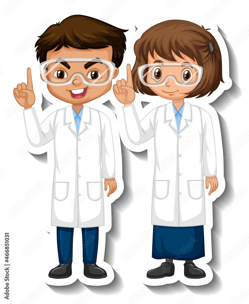 Scientist couple kids cartoon character sticker Scientist couple kids cartoon character sticker