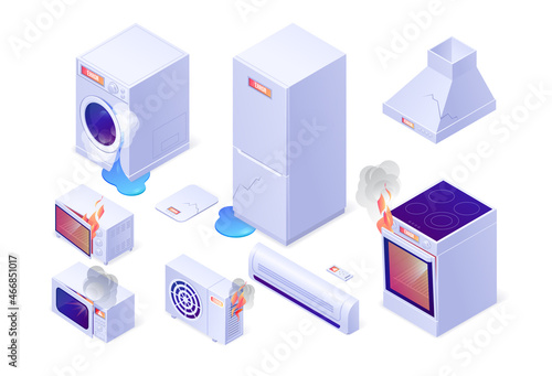 Broken home appliances with leakage, fire and cracks. Vector isometric set of washing machine, electrical stove, refrigerator, microwave, floor wave and conditioner with damage