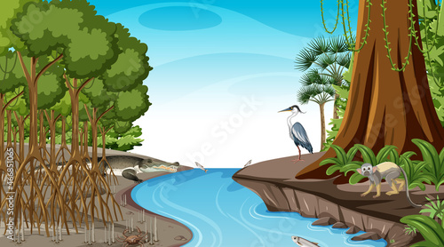 Canvas Print Mangrove forest at daytime scene with wild animals