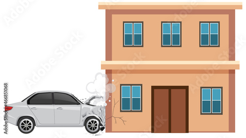Car crashes building on white background