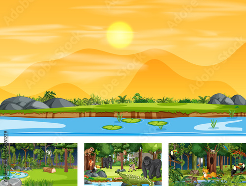 Set of different nature horizontal scene with various wild animals