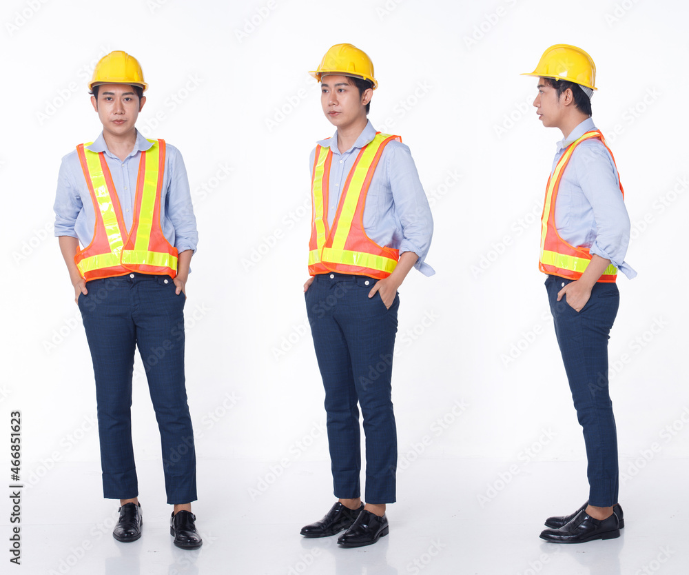 Set of Three full length of 20s Asian man black hair wear safety vast outfit dress yellow hardhat. Set of Three full length of 20s Asian man black hair wear safety vast outfit dress yellow hardhat.