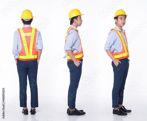 Set of Three full length of 20s Asian man black hair wear safety vast outfit dress yellow hardhat.