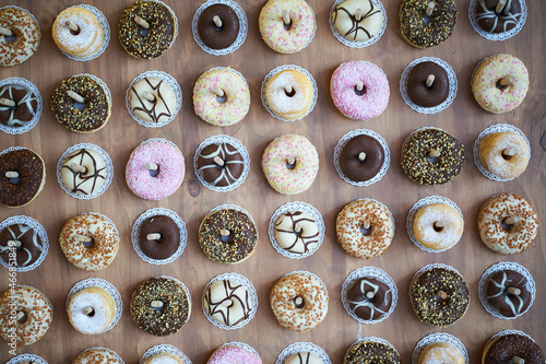 Wooden wall with assorted doughnuts