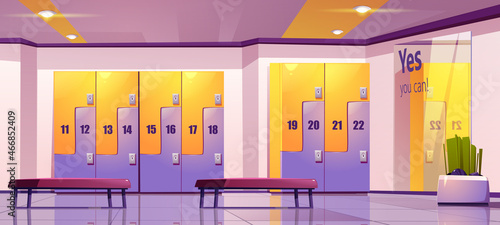 Locker room, school or gym dressing empty area with metal cabinets. Row of closed doors, key holes in college hallway with benches. Storage space for changing clothes, Cartoon vector illustration