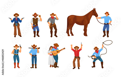 Set of traditional Wild West characters. Vintage western habitant cowboy, sheriff, couple, horse
