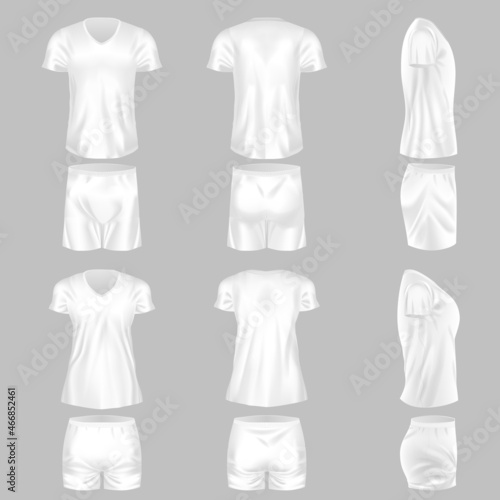 Realistic template of male female pajama combination with shirt and shorts set