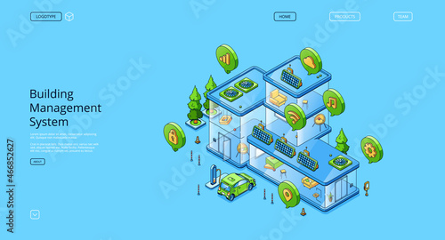 Business management system isometric landing page, computer-based control installed in buildings that managing and mechanical and electrical equipment, home automation, 3d vector line art web banner