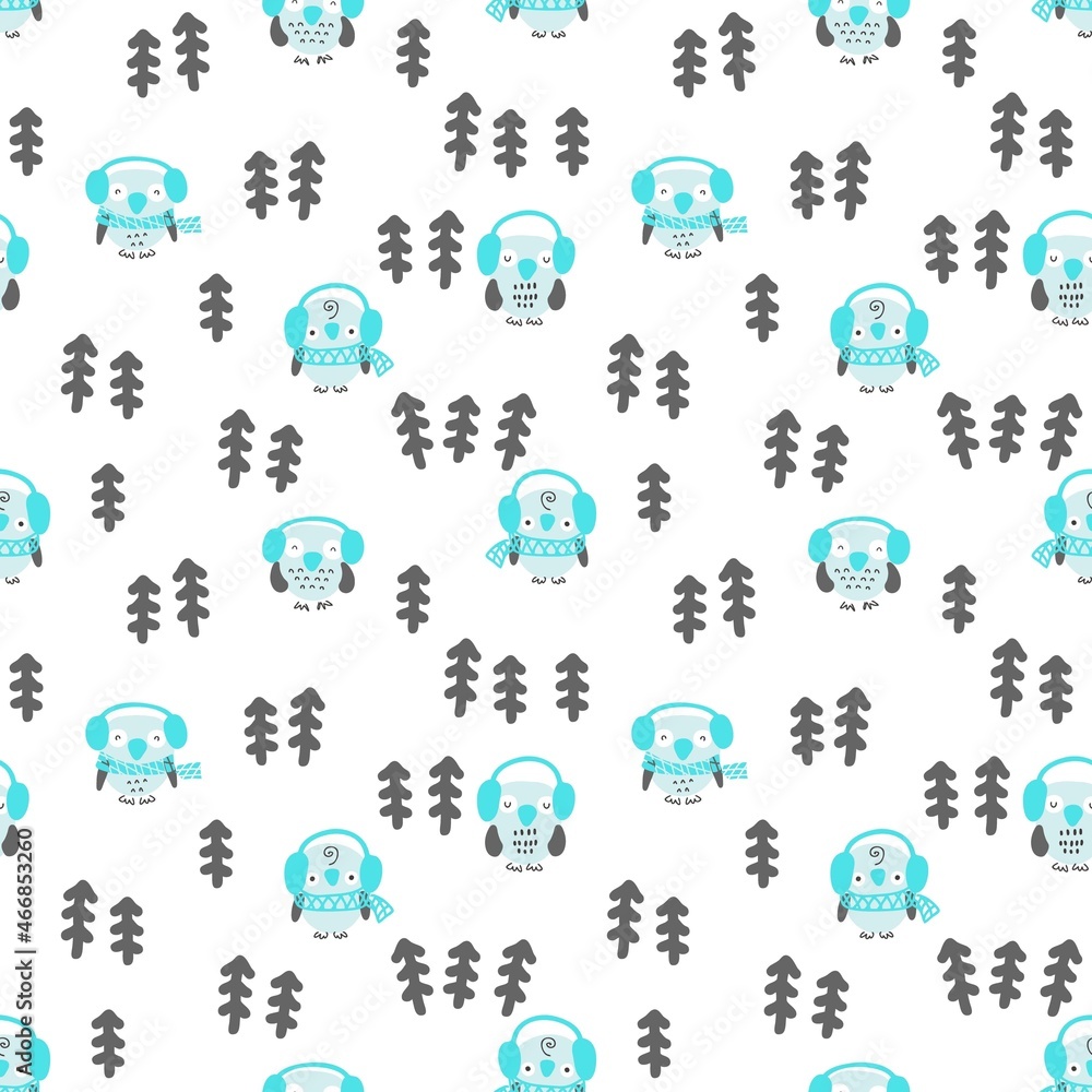 Hand drawn winter seamless pattern with owls in headset and christmas trees. Perfect for T-shirt, textile and prints. Cartoon style illustration for decor and design. Hand drawn winter seamless pattern with owls in headset and christmas trees. Perfect for T-shirt, textile and prints. Cartoon style illustration for decor and design.