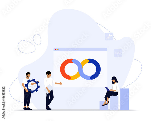 Vector Illustration, DevOps Programmer Concept, Showing a group of programmer using dev Ops method, Suitable for landing page, ui, web, App intro card, editorial, flyer, and banner