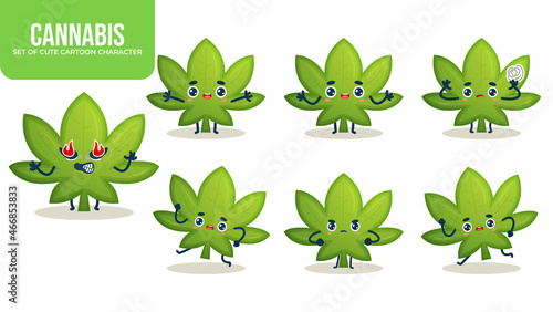 Set of cute cannabis cartoon character with different poses Premium Vector