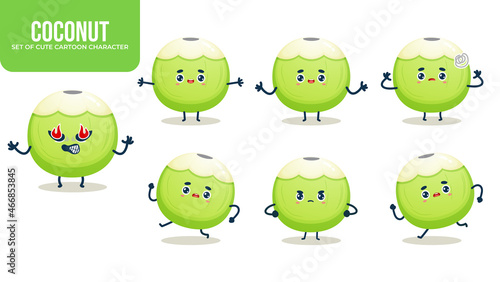 Set of cute coconut cartoon character with different poses Premium Vector