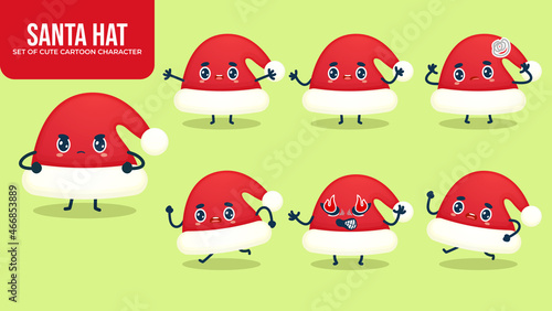 Set of cute santa hat cartoon character with different poses Premium Vector