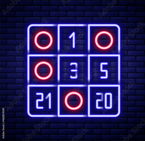 Glowing neon line Bingo card with lucky numbers icon isolated on brick wall background. Colorful outline concept. Vector
