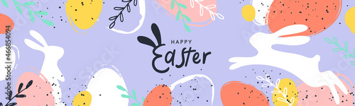Happy Easter banner. Trendy Easter design with typography, hand painted strokes and dots, eggs and bunny in pastel colors. Modern minimal style. Horizontal poster, greeting card, header for website