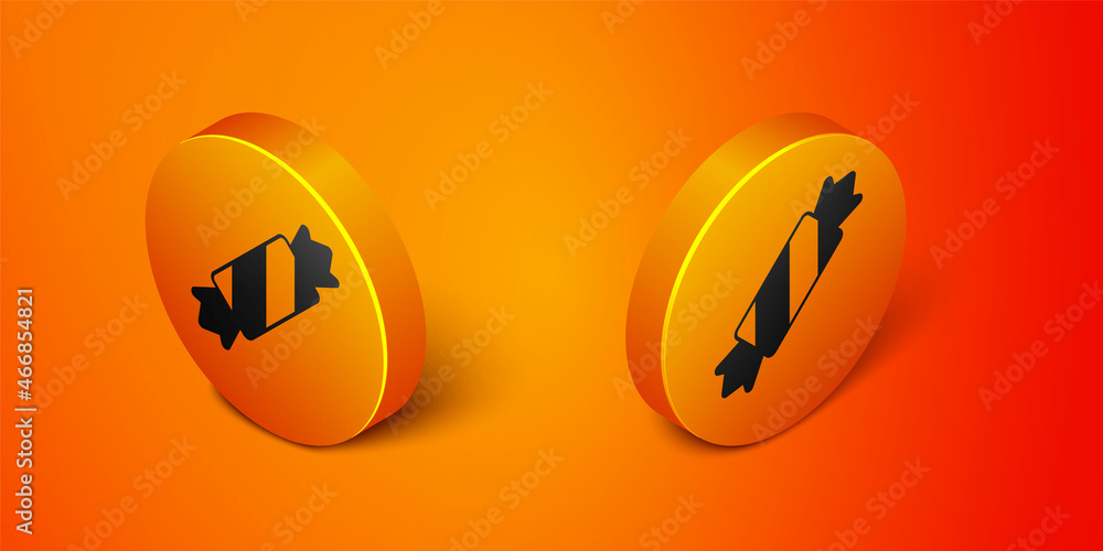 Isometric Candy icon isolated on orange background. Merry Christmas and Happy New Year. Orange circle button. Vector Isometric Candy icon isolated on orange background. Merry Christmas and Happy New Year. Orange circle button. Vector